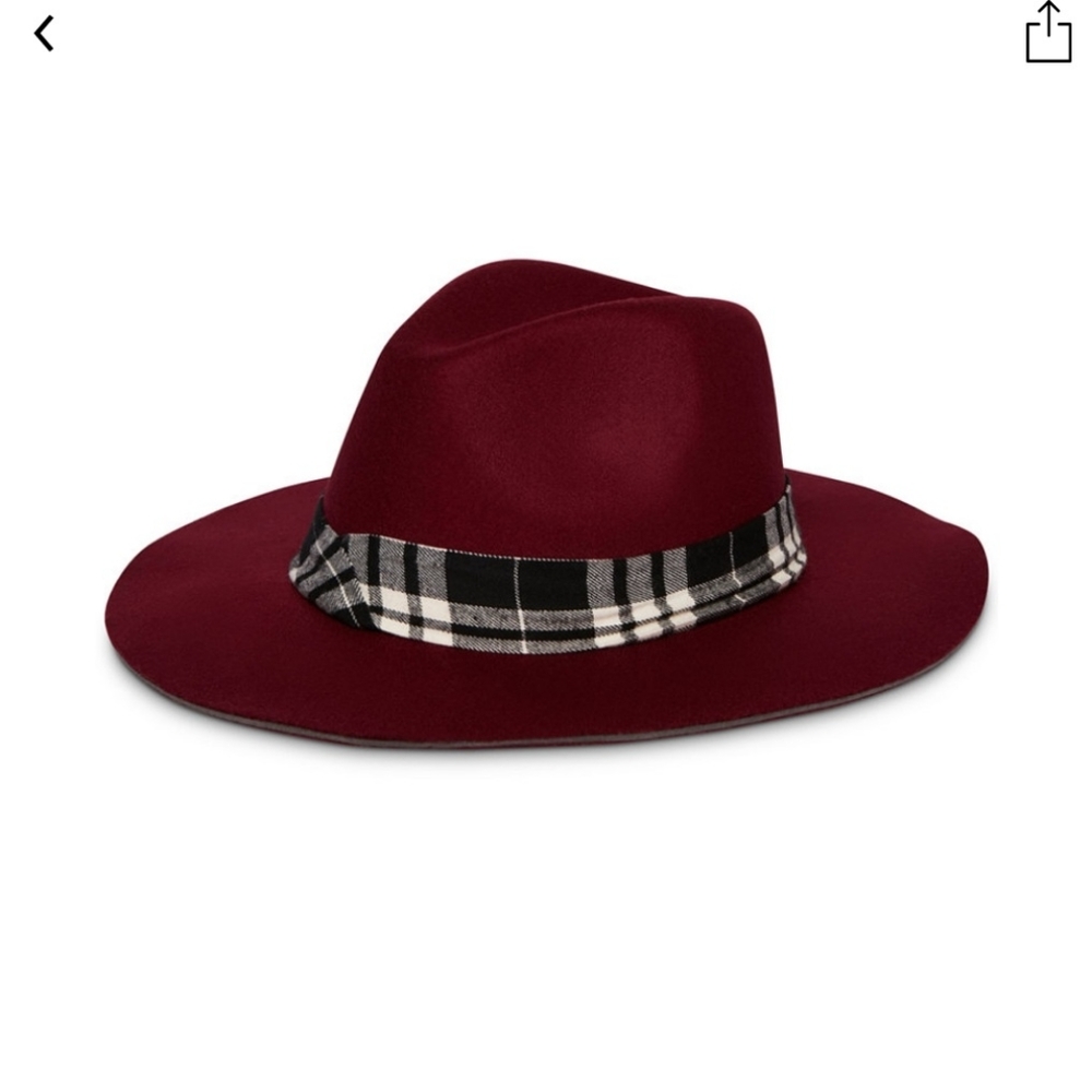 STEVE MADDEN * BURGUNDY FELT FEDORA WITH BUFFALO PLAID RIBBON NWT